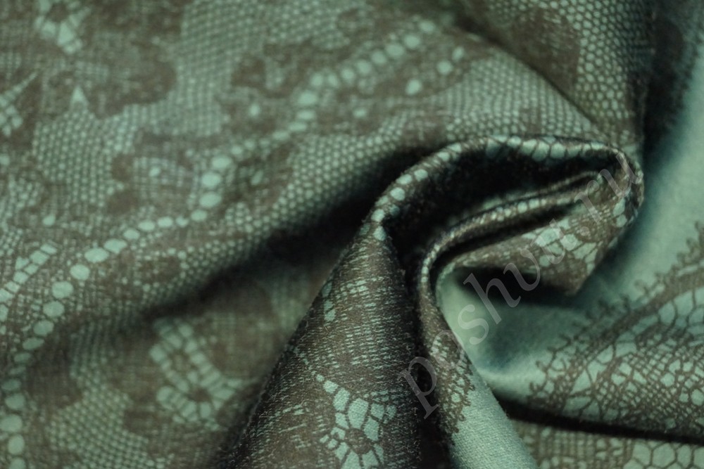 Ткань плательная  зеленого оттенка в серый кружевной узор с эластаном