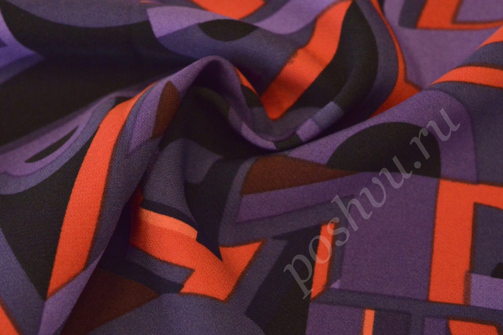 Ткань плательная черного оттенка в фиолетово-оранжевый рисунок