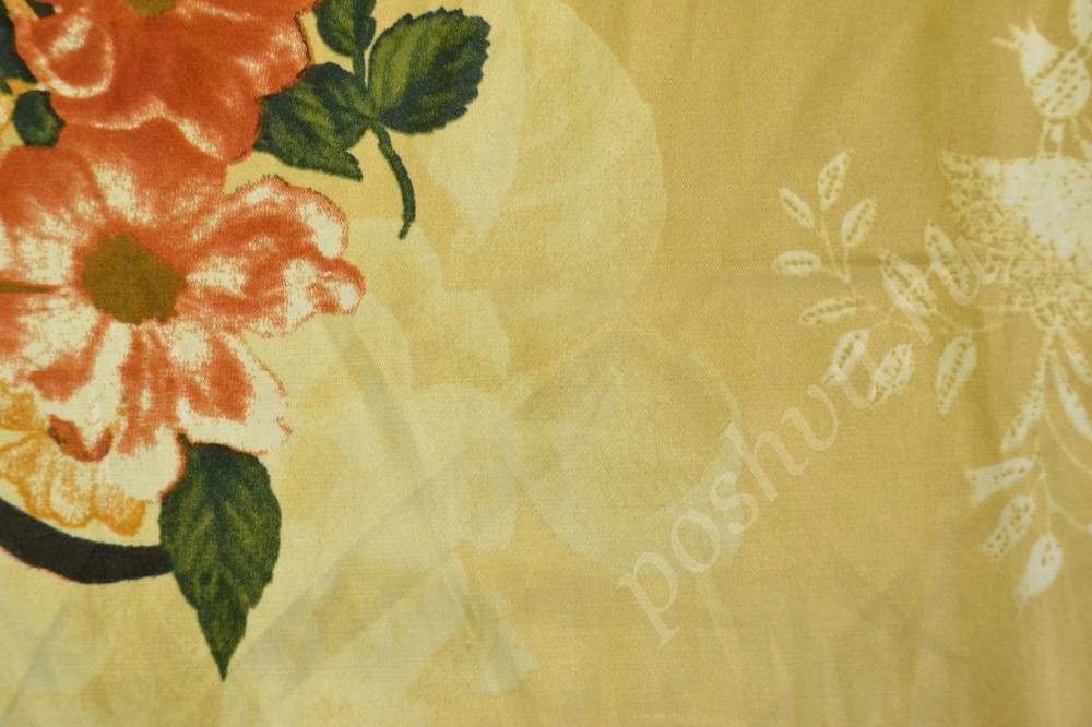 Ткань сатин бежевого цвета с цветочным принтом с добавлением эластана