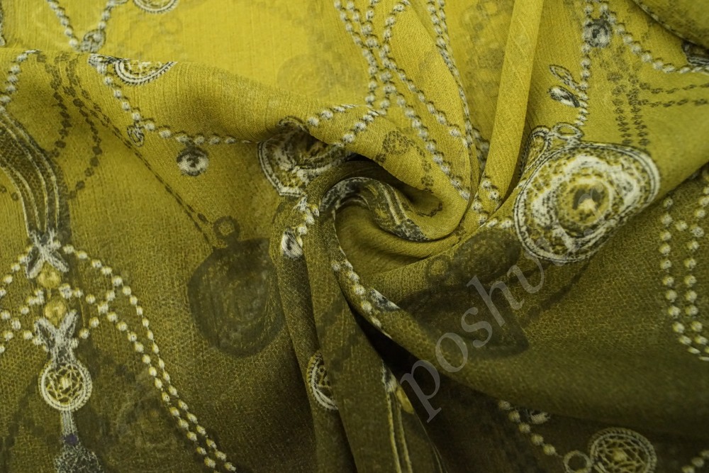 Ткань шифон желто-зеленого оттенка с оригинальным рисунком