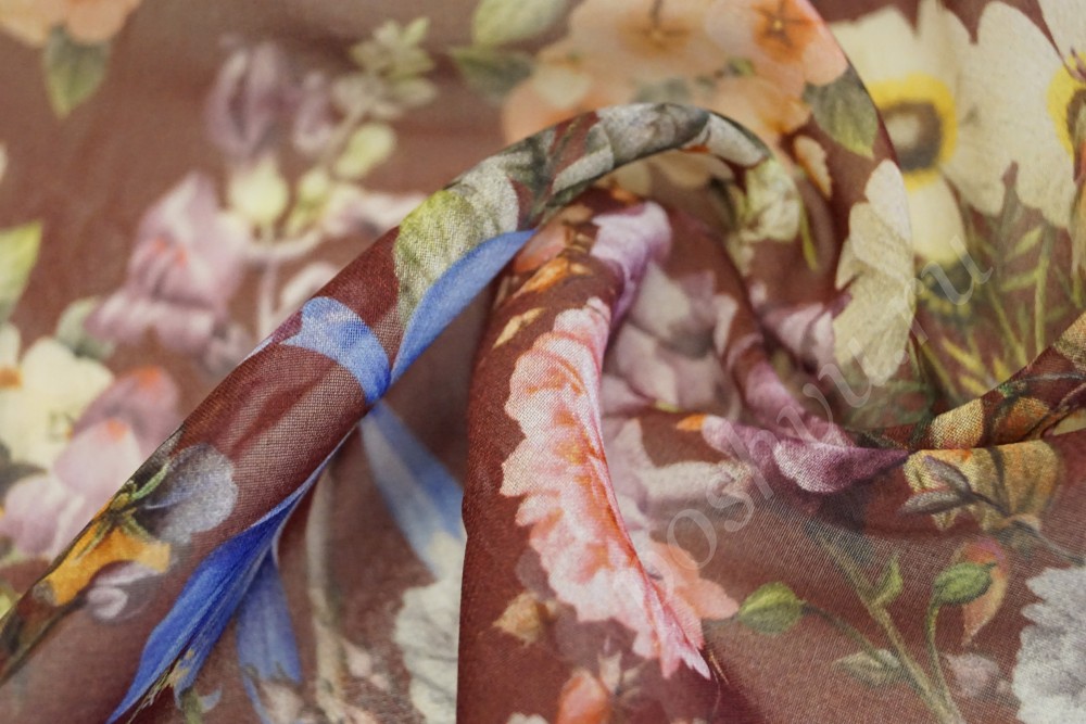Ткань шифон винного оттенка в цветы