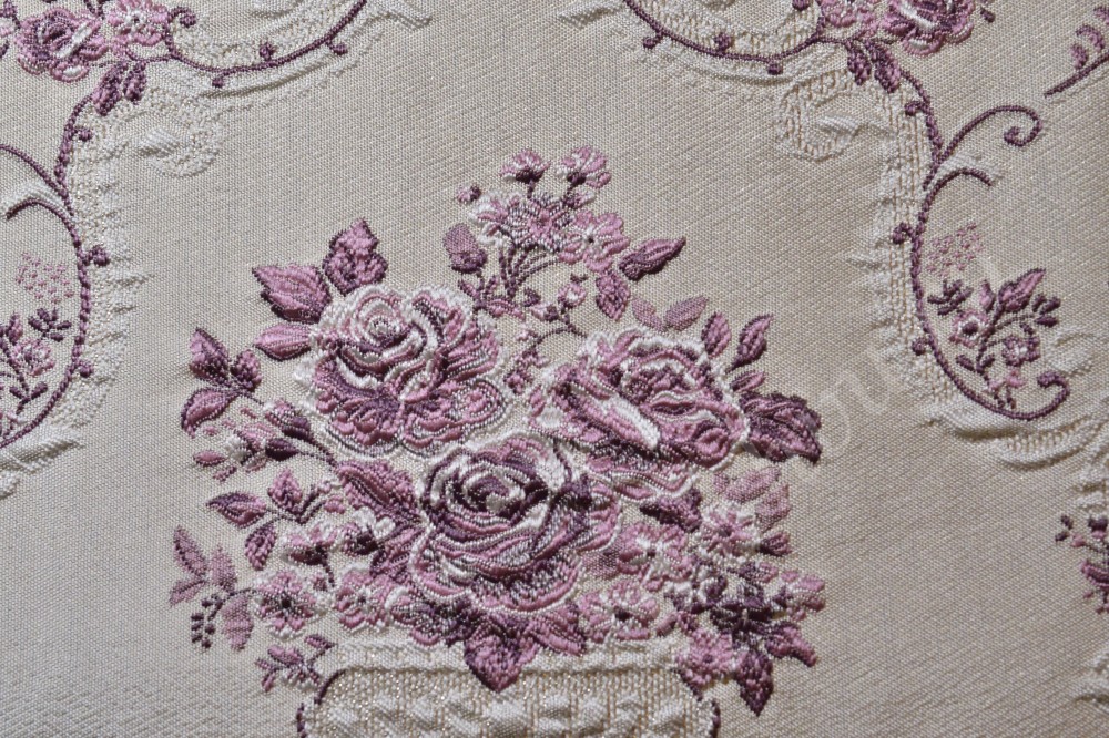 Жаккардовая ткань для штор светло-серого цвета с лиловым узором