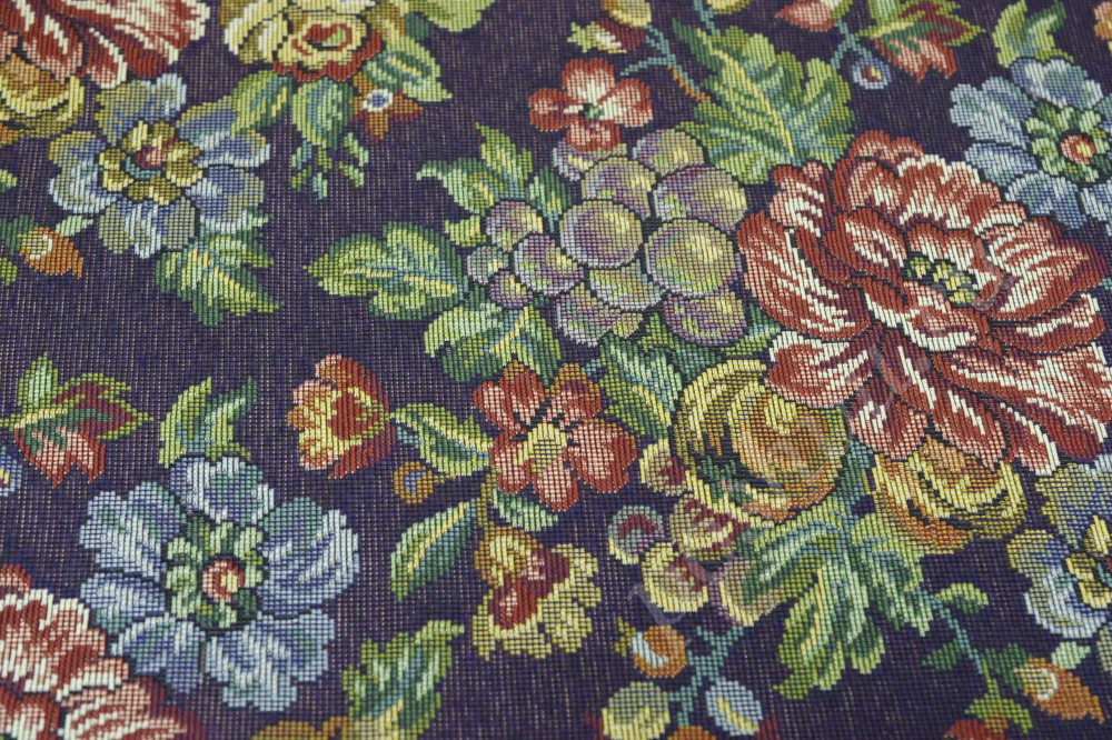 Ткань для штор гобелен темно-синего цвета с цветочным узором