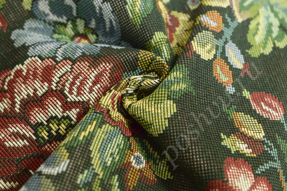 Ткань для штор гобелен темно-зеленого цвета с цветочным узором
