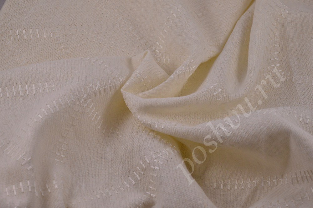 Ткань белый лён с декоративными шёлковыми стежками