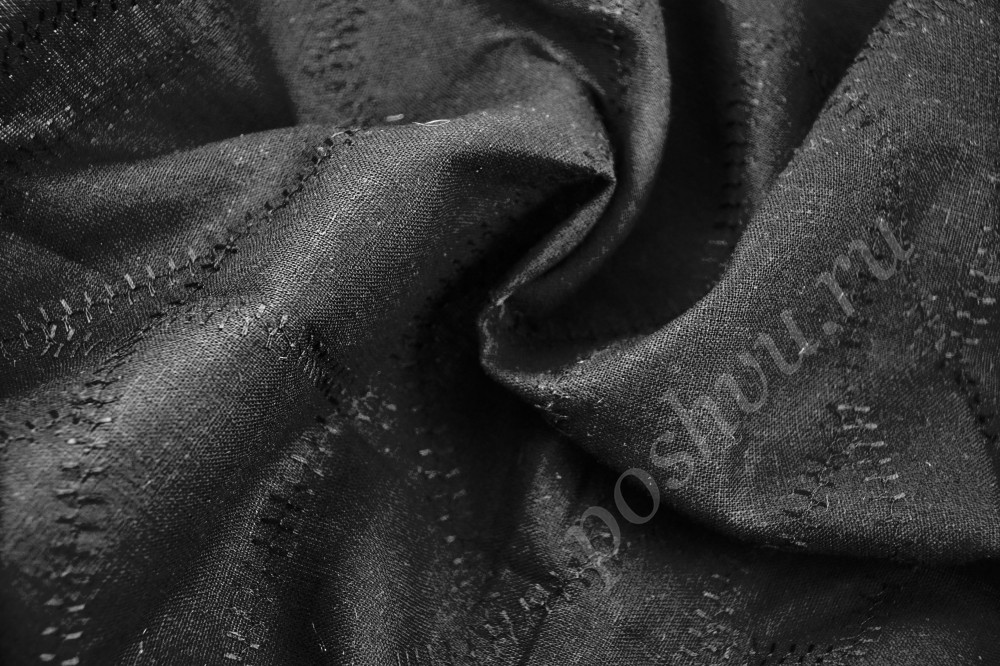 Черная льняная ткань с декоративными стежками