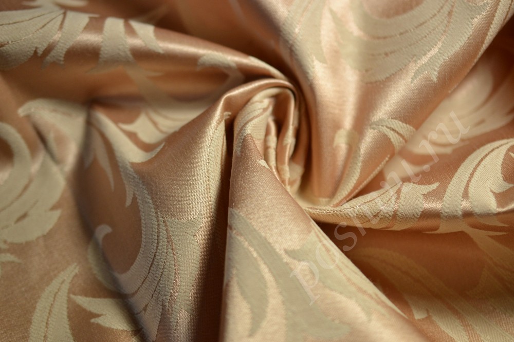Льняная ткань скатертная медного оттенка в флористический узор