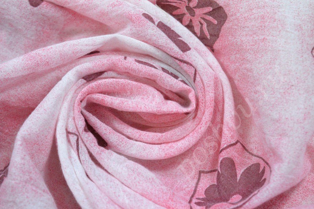 Ткань лен розово-белая с цветочным рисунком