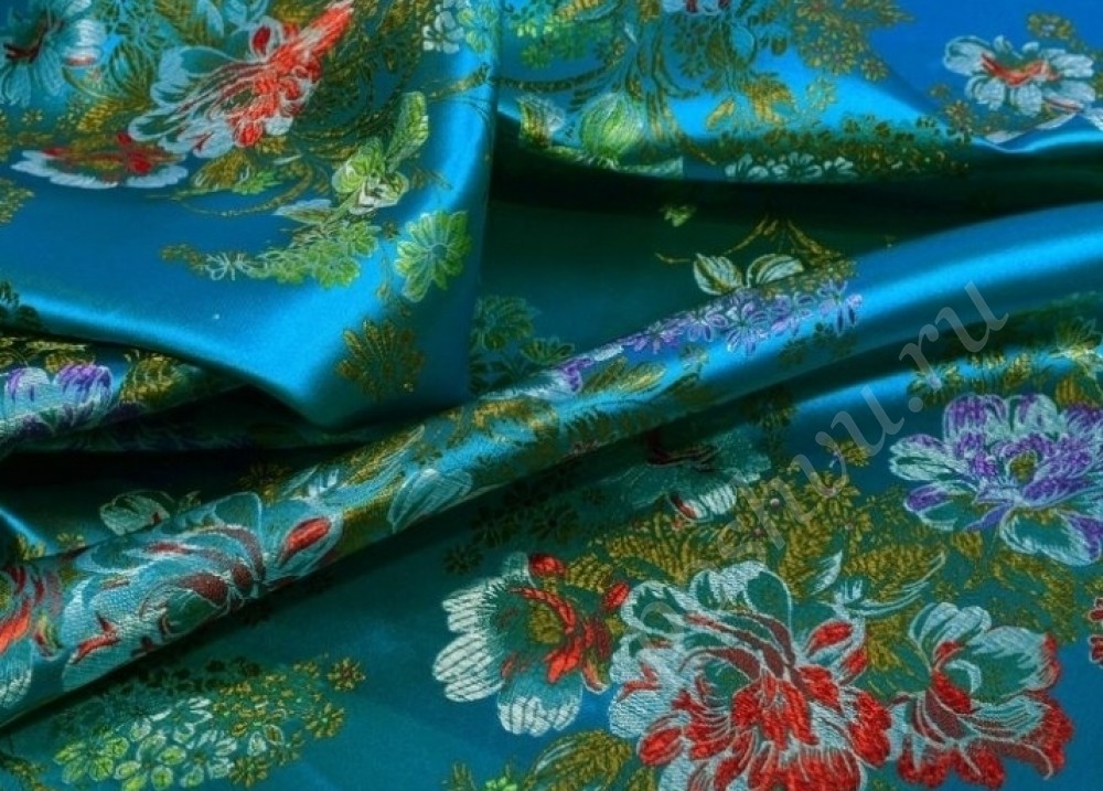 Китайский шёлк бирюзового цвета в цветы
