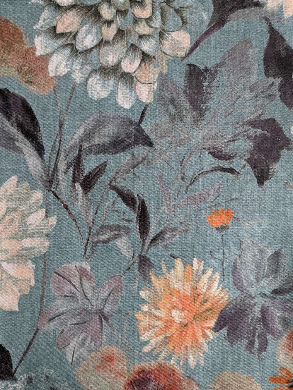 Портьерная ткань рогожка BIANCA крупные цветы на голубом фоне в стиле акварель (раппорт 64х74см)