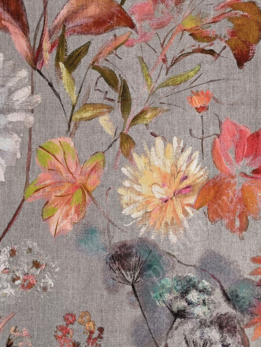 Портьерная ткань рогожка BIANCA крупные цветы на сером фоне в стиле акварель (раппорт 64х74см)