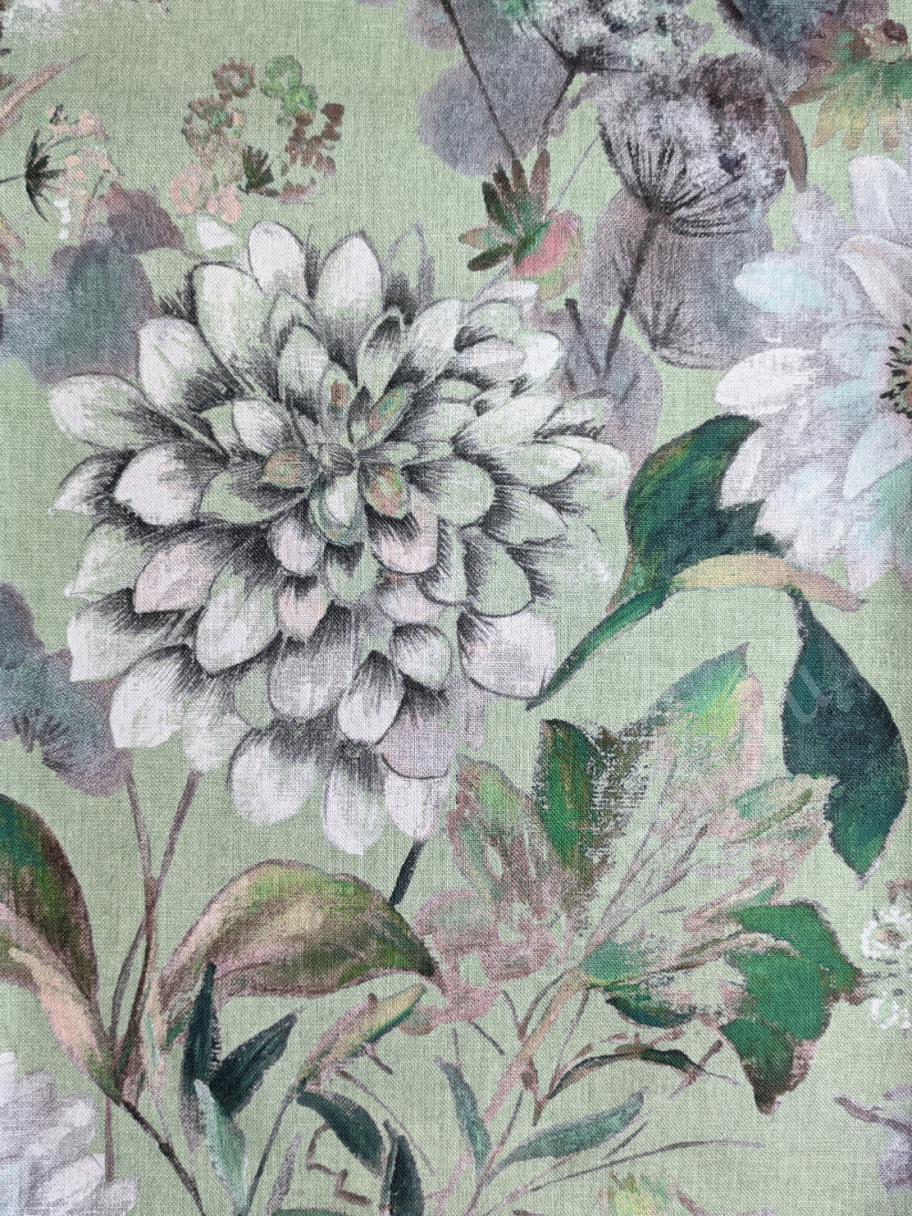 Портьерная ткань рогожка BIANCA крупные цветы на зеленом фоне в стиле акварель (раппорт 64х74см)