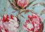 Портьерная ткань рогожка CONSTANTIA крупные розовые  цветы на голубом фоне (раппорт 51х51см)