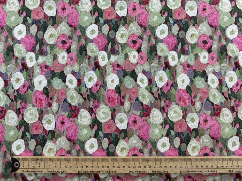 Портьерная ткань рогожка JACKIE стилизованные розово-белые цветы