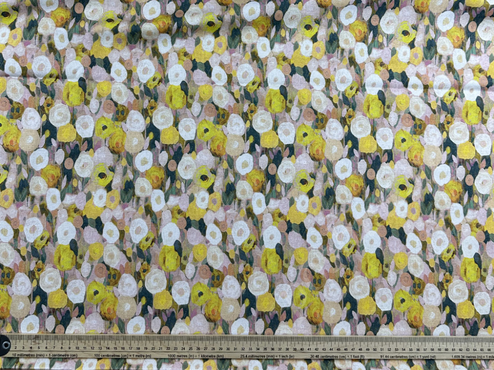 Портьерная ткань рогожка JACKIE стилизованные желто-белые цветы