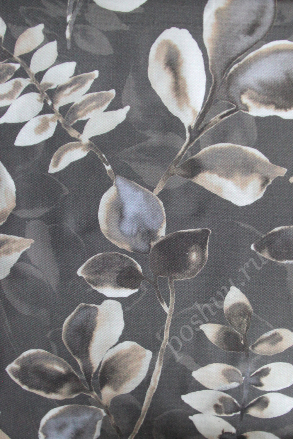 Портьерная ткань рогожка TIMELESS серые листья в стиле акварель (раппорт 65х69см)