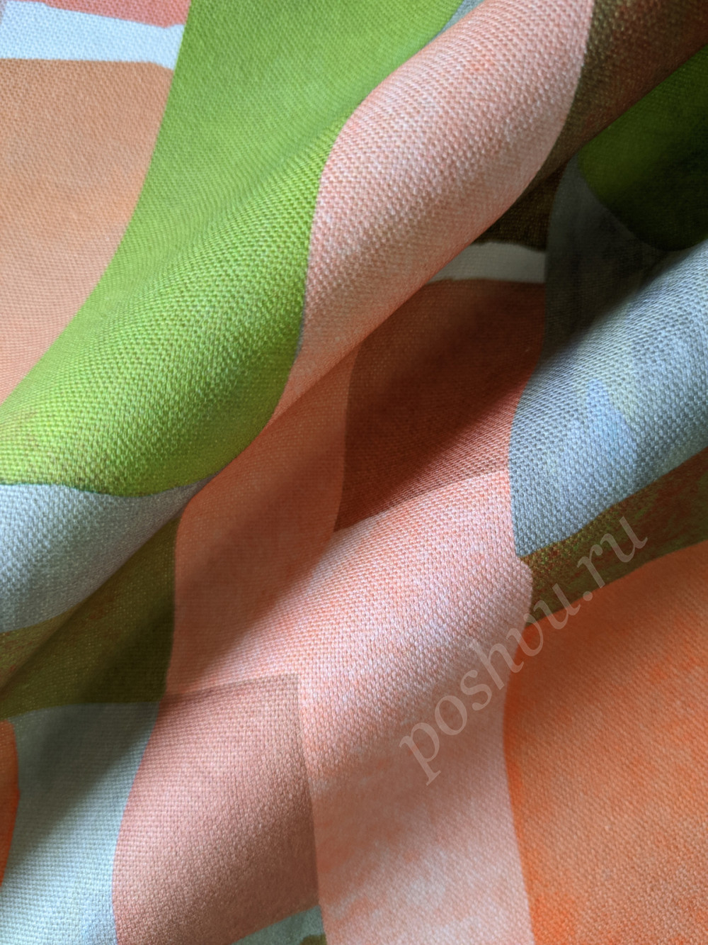 Портьерная ткань рогожка WYNBERG абстрактный рисунок в оранжевых, зеленых, голубых тонах (раппорт 34х34см)