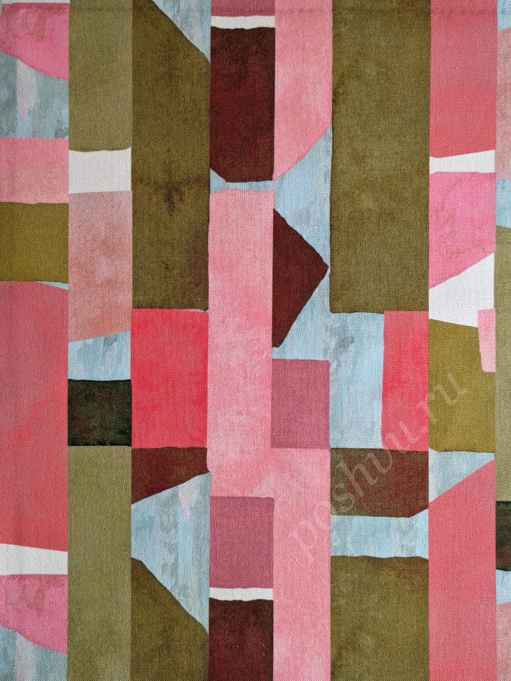 Портьерная ткань рогожка WYNBERG абстрактный рисунок в розовых, зеленых, голубых тонах (раппорт 34х34см)