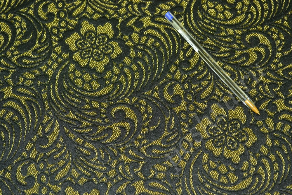 Ткань жаккард желтого оттенка с черным цветочным узором