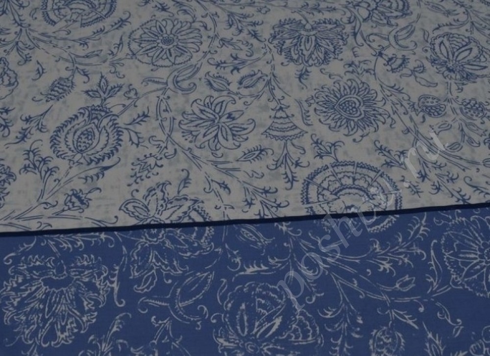 Скатертная ткань сине-белая в цветы