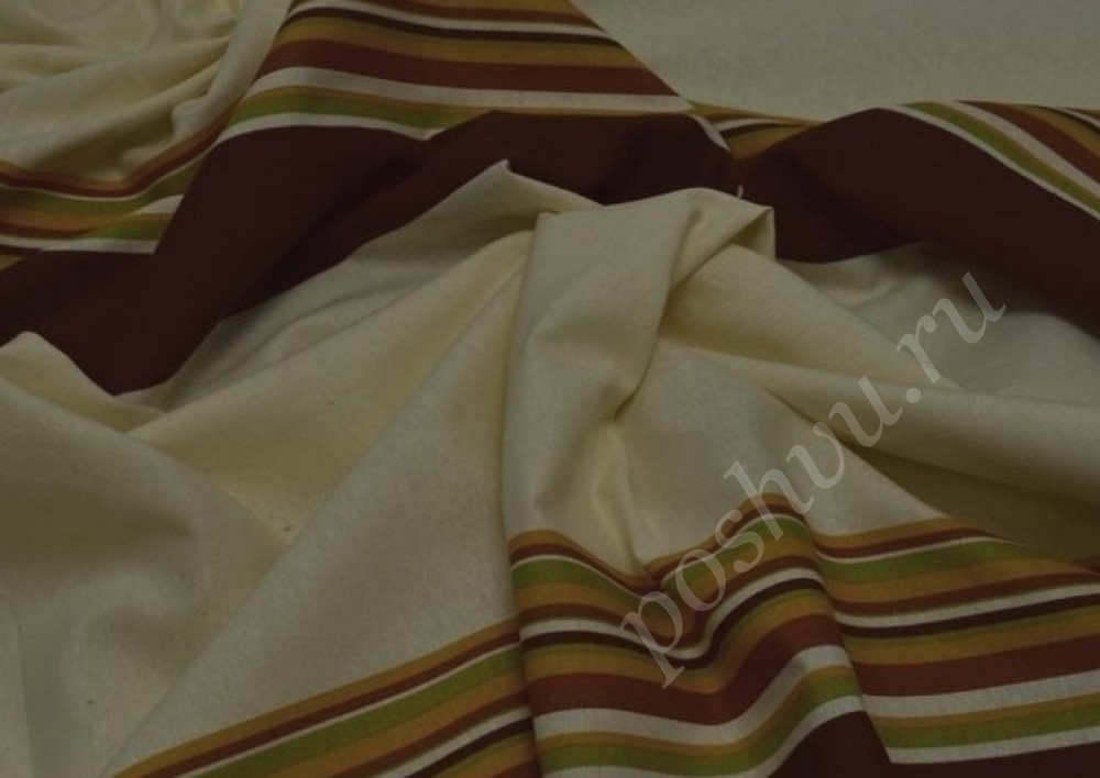 Скатертная ткань в полоску бежево-коричневая