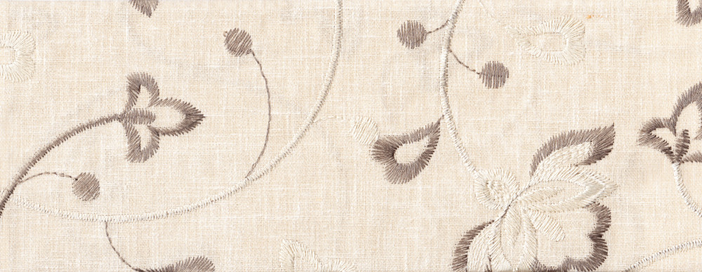 Портьерная ткань с вышивкой GLOSS флористический орнамент в форме окружности на бежевом фоне