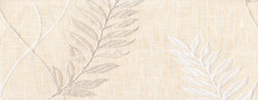 Портьерная ткань с вышивкой LASH перевитые бежево-белые  листья на светло-бежевом фоне