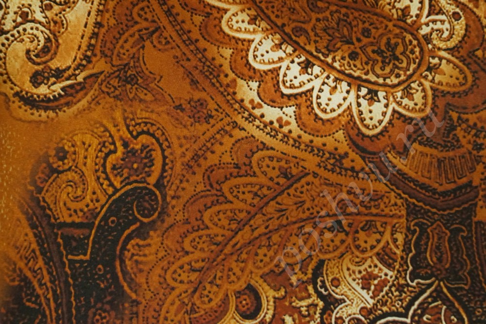 Атласная ткань в золотисто-коричневом цвете с восточным принтом