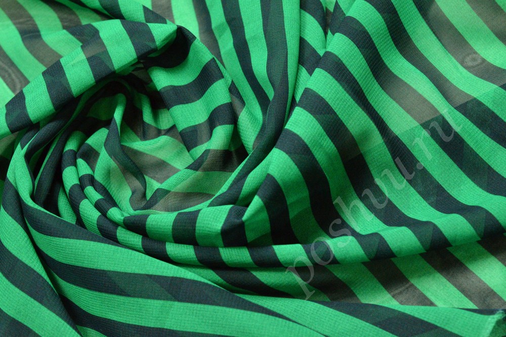 Ткань шифон набивной в полоску зеленого и черного цвета