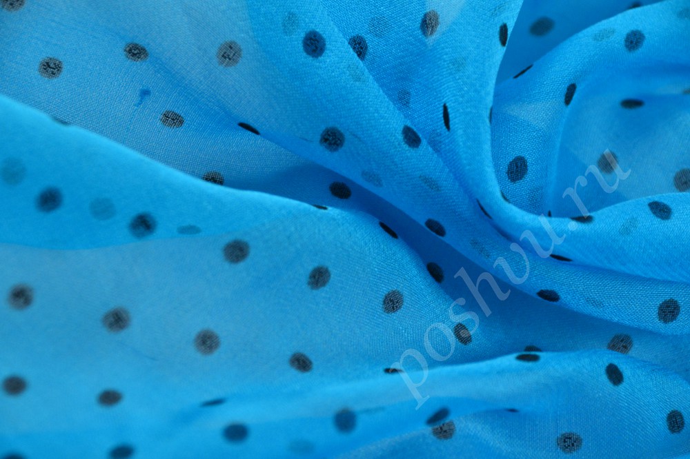 Ткань голубой натуральный шёлк в горошек