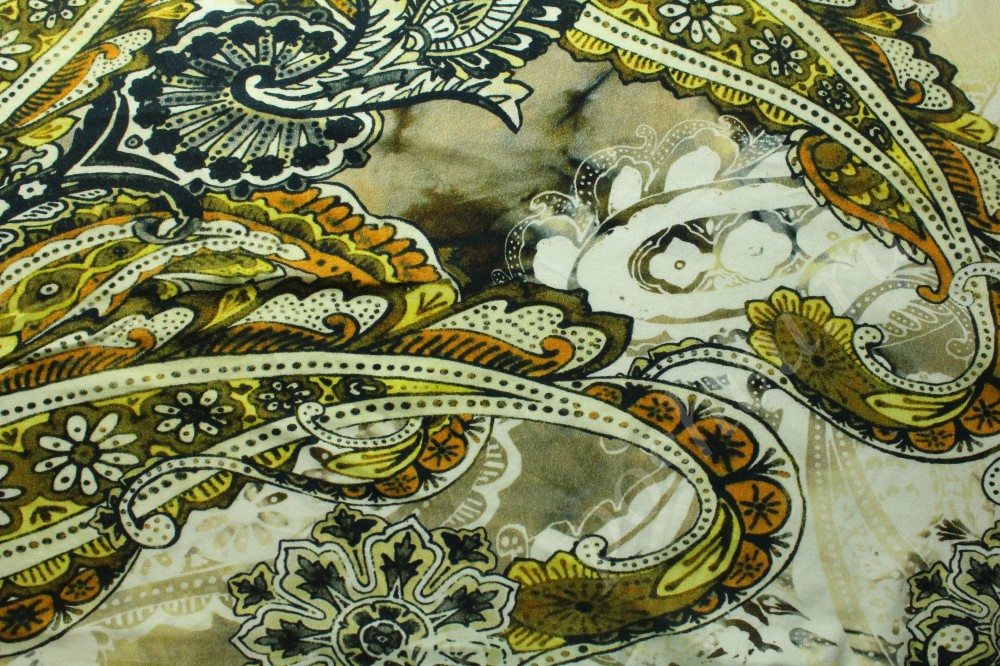 Ткань трикотаж серовато-оливкового оттенка в огуречный узор