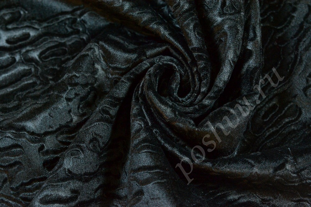 Искусственный мех премиум черного оттенка с рельефным рисунком