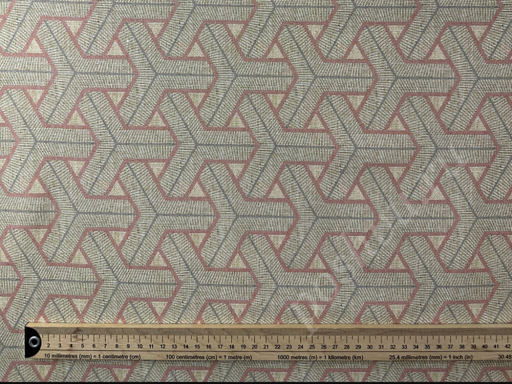 Портьерная ткань рогожка FITZ геометрический узор бежевого цвета с розовым контуром (раппорт 7х12см)