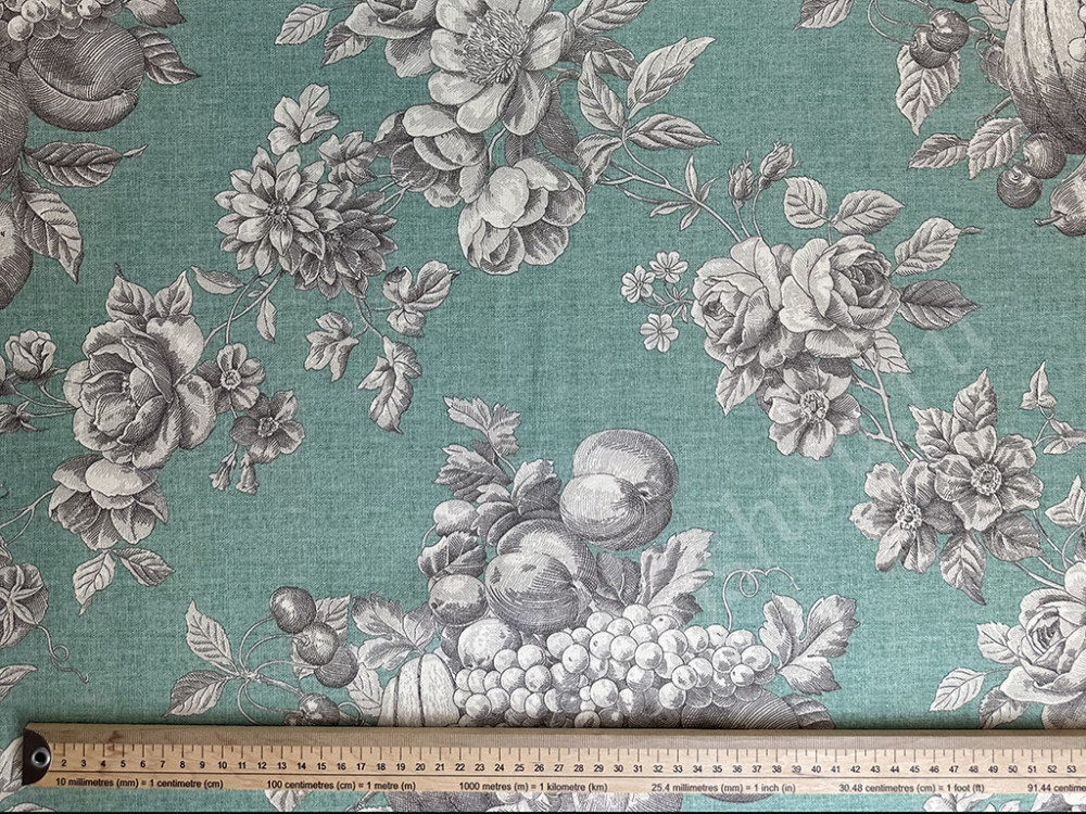 Портьерная ткань рогожка HENRIETTA цветы и фрукты на мятном фоне в английском стиле (раппорт 66х70см)