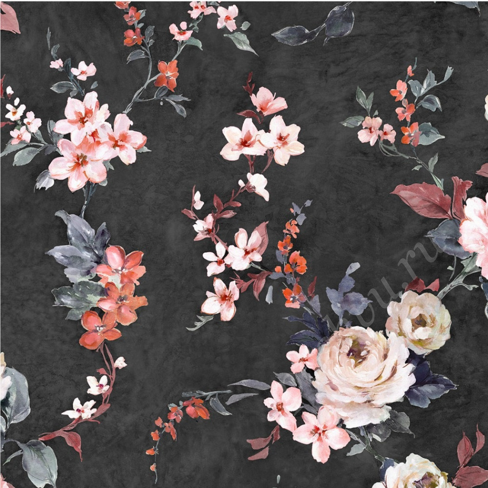 Портьерная ткань рогожка LEXINTGON цветы на черном фоне (раппорт 68х135см)