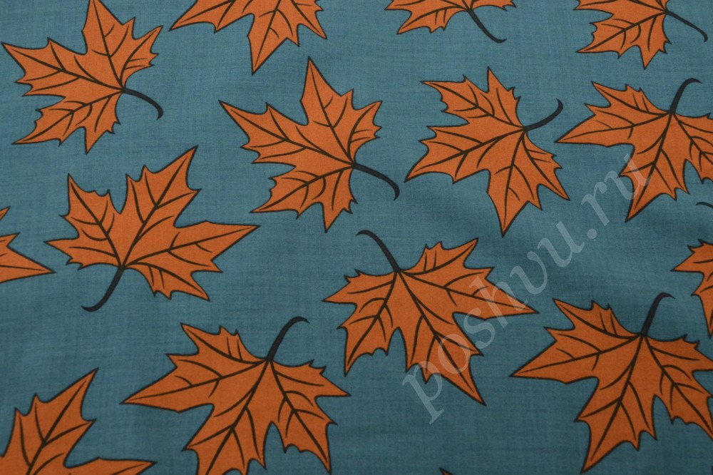 Бирюзовая штапельная ткань с кленовыми листьями