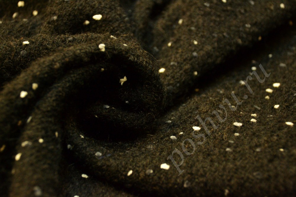 Ткань пальтовка темно-коричневого оттенка в белую точку