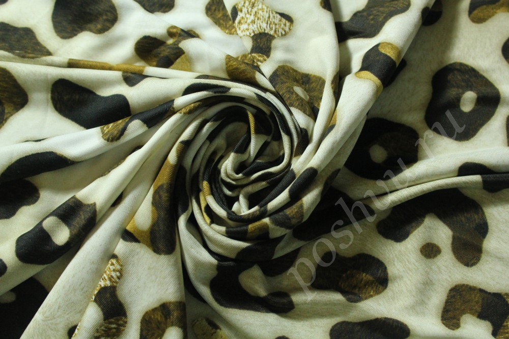 Ткань трикотаж белого оттенка в бронзовые абстрактные пятна