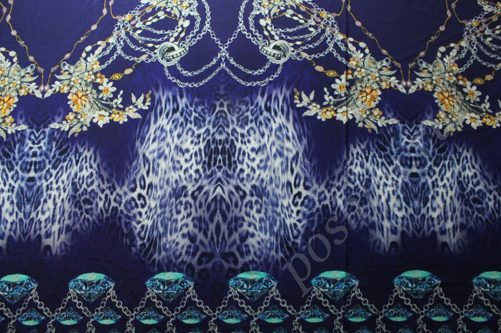 Ткань трикотаж Cavalli синего оттенка с оригинальным рисунком