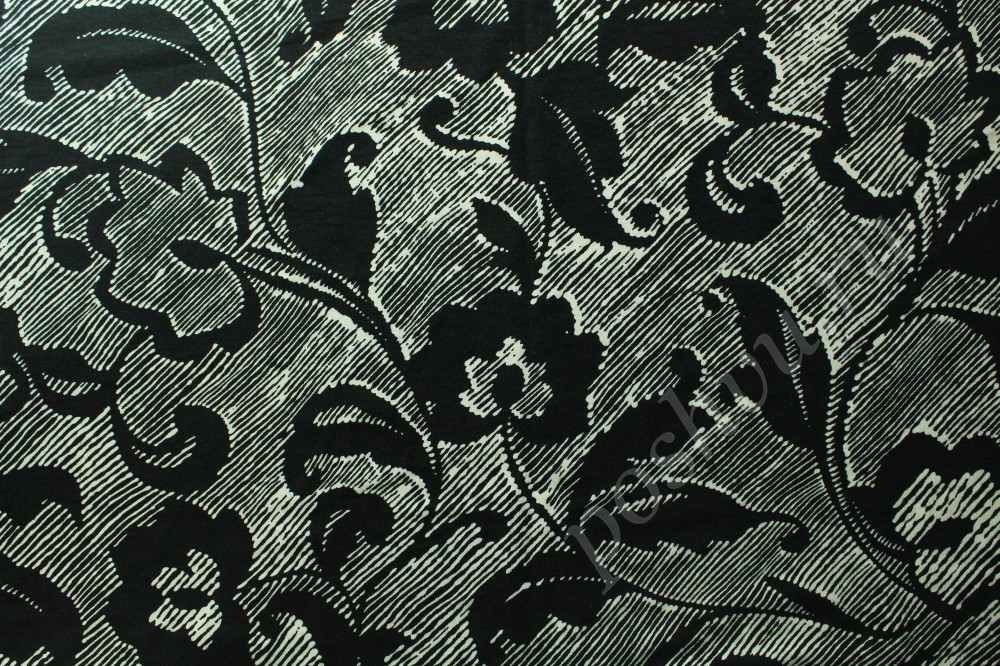 Ткань трикотаж в черно-серый флористический рисунок