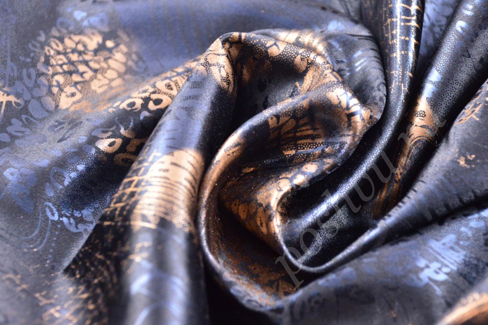 Ткань тонкий набивной атлас черного цвета с сине-золотистым принтом