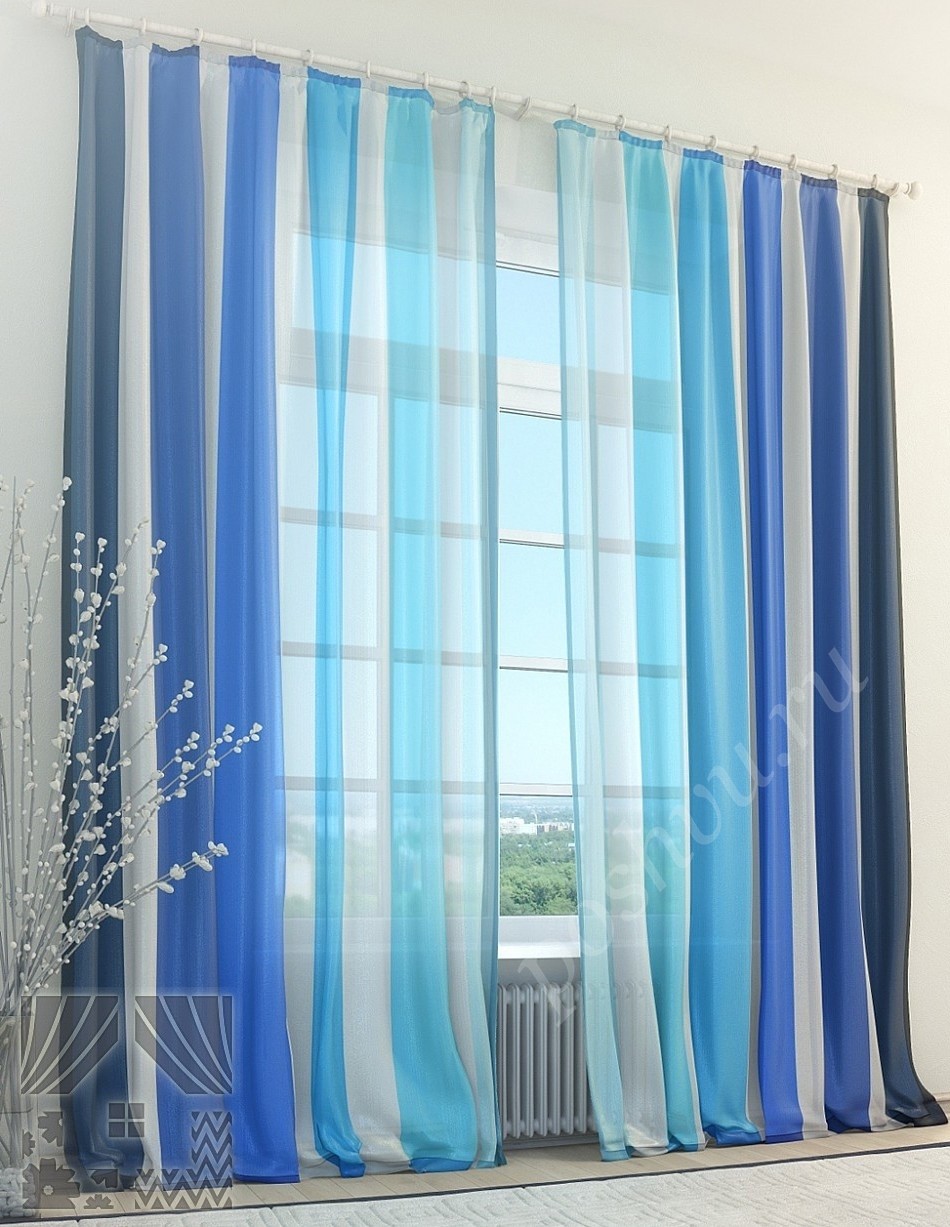 Легкий тюль в вертикальную полоску в синих и голубых тонах для гостиной или спальни