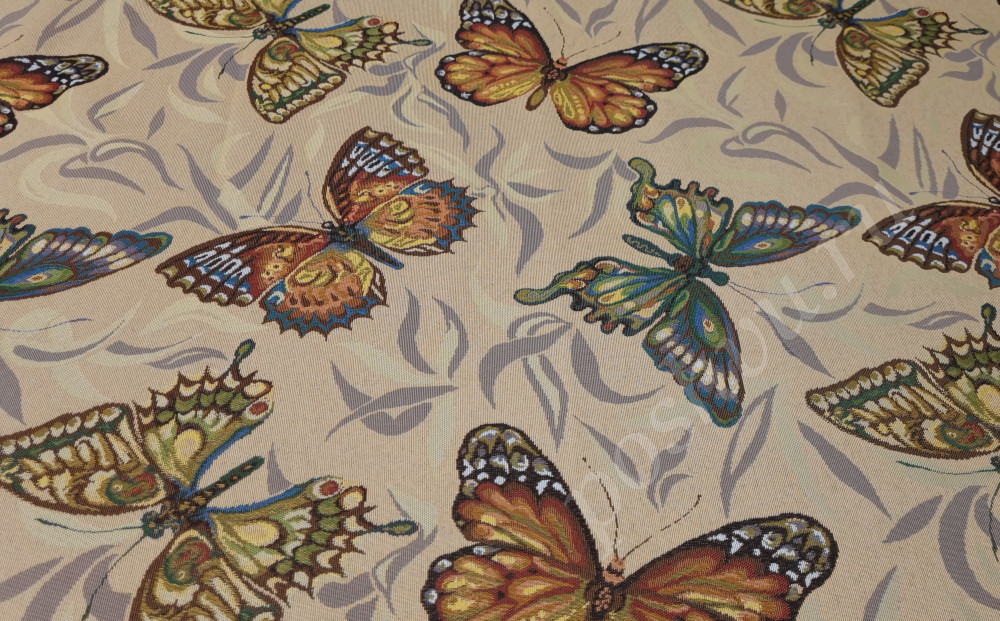 Ткань гобелен ПРЕМИУМ, 150 см, бежевого цвета в изящных бабочках