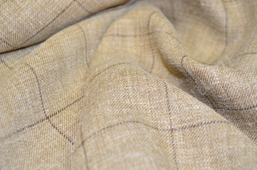 Ткань плательно-костюмный лен бежевого оттенка в коричневую клетку