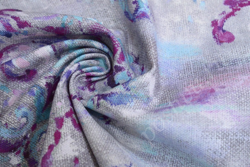 Ткань для штор портьерная серого оттенка с сине-пурпурным орнаментом