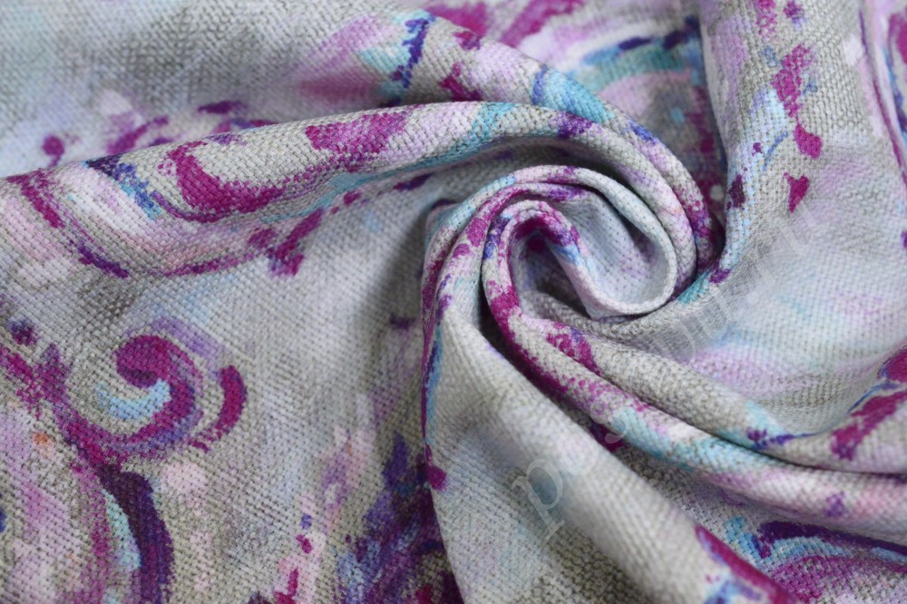 Ткань для штор портьерная серого оттенка с сине-пурпурным узором