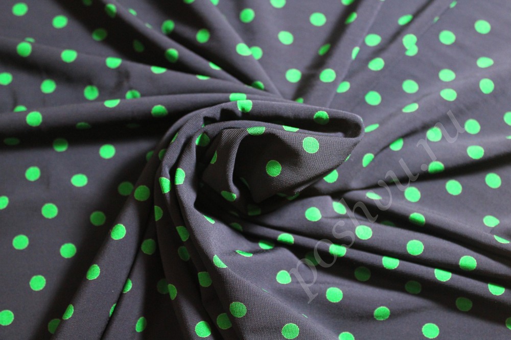 Ткань плательно-блузочная темно-серого оттенка в зеленый горох