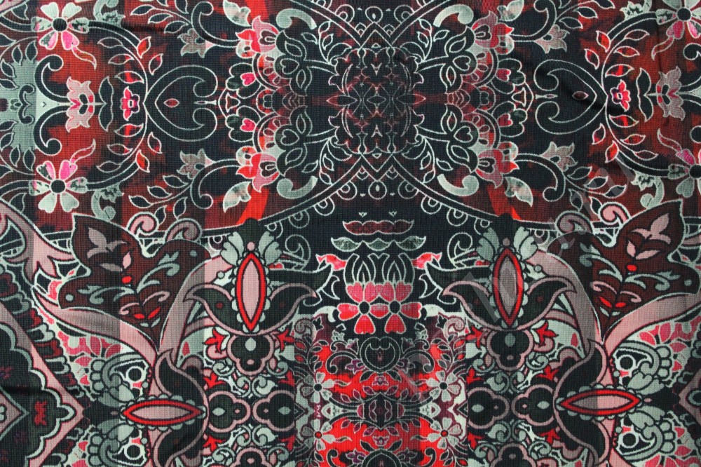 Ткань трикотаж Cavalli черного оттенка с оригинальным красно-серым  рисунком