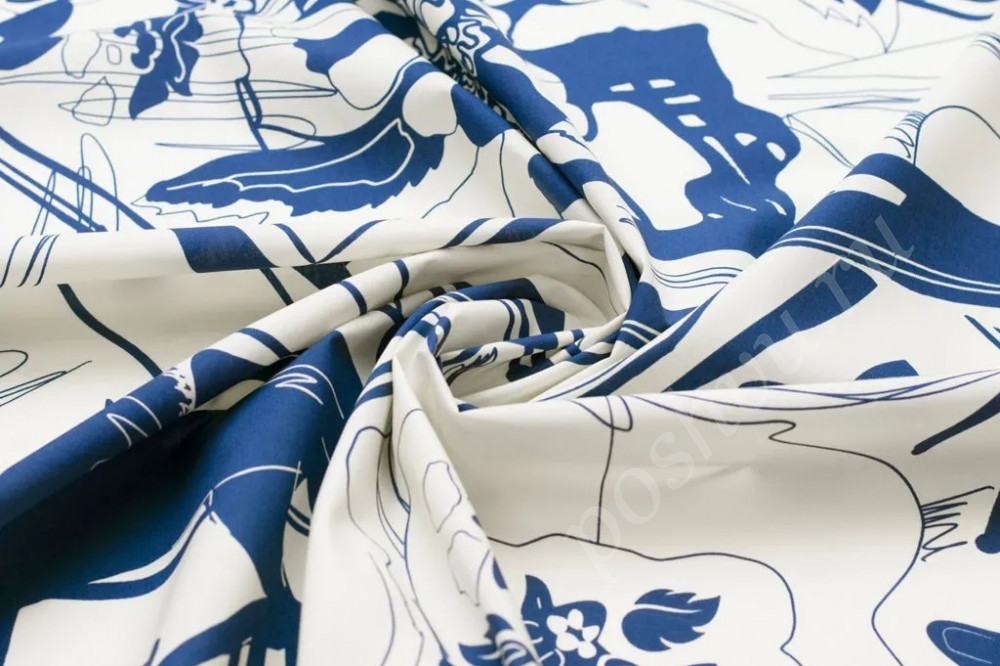 Хлопок рубашечно-плательный бело-синего цвета с рисунком "лошади с цветами"