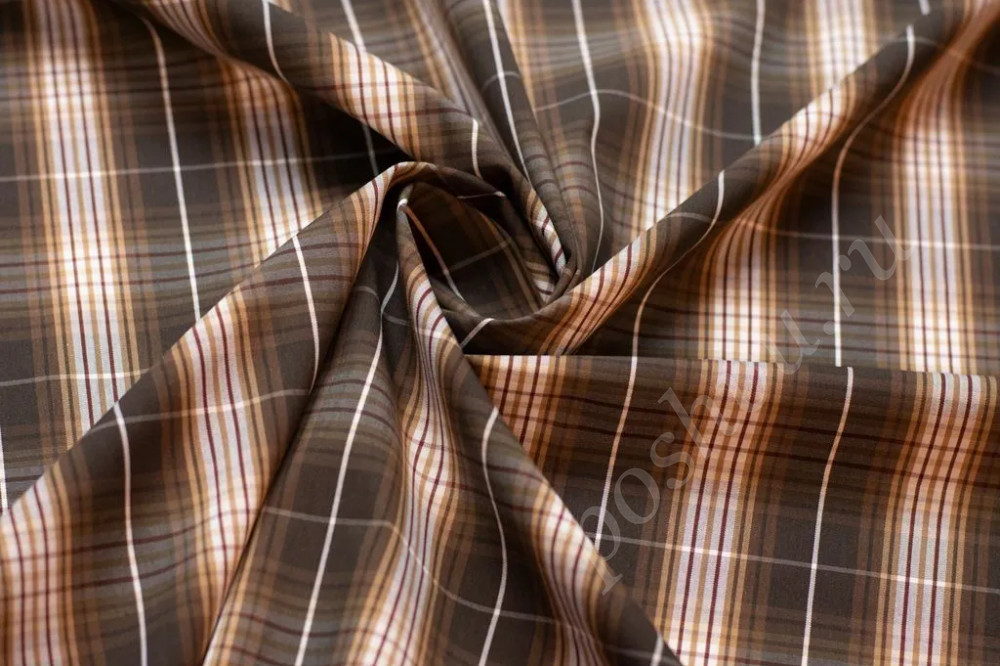 Сорочечная ткань коричнево-бежевого цвета в клетку